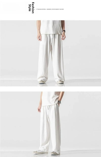 Summer Large Size Linen Cotton Wide Leg Pants Men Casual Comfortable Loose Fit Straight Leg Trousers Long Pants