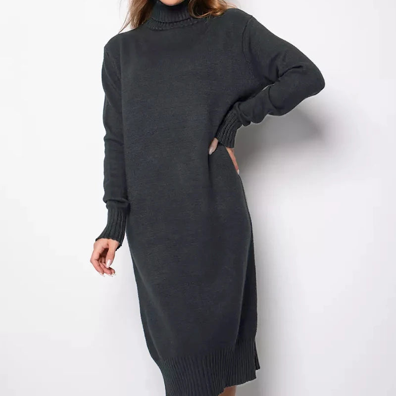 Ribbed Turtleneck Knitted Dress Women Autumn Winter Basic Long Sleeve Sweater Dress Woman Solid Color Long Dresses Female