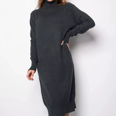 Ribbed Turtleneck Knitted Dress Women Autumn Winter Basic Long Sleeve Sweater Dress Woman Solid Color Long Dresses Female