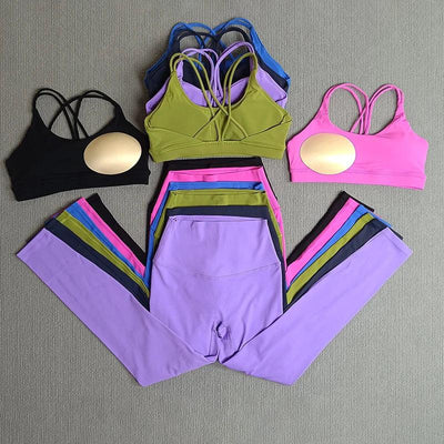 2 Pcs Gym Tights Yoga Clothes Set Sports Set Women Cross Back Bra Top High Waist Leggings Fitness Suit Running Workout Tracksuit