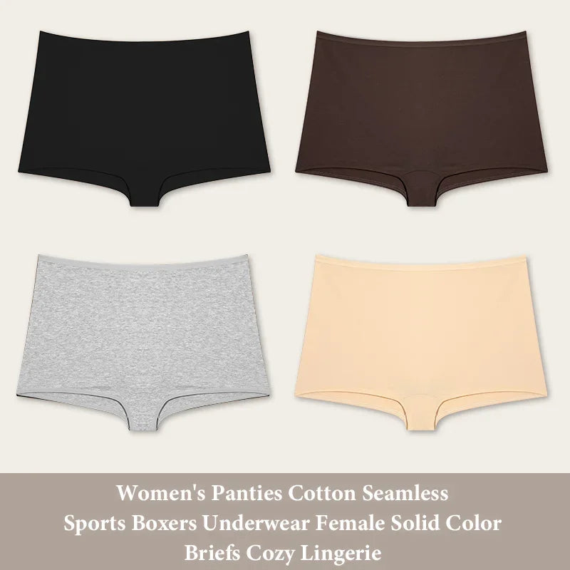 4PCS Women's Panties Cotton Seamless Sports Boxers Underwear Female Solid Color Briefs Cozy Lingerie Intimate Underpants XS-XL