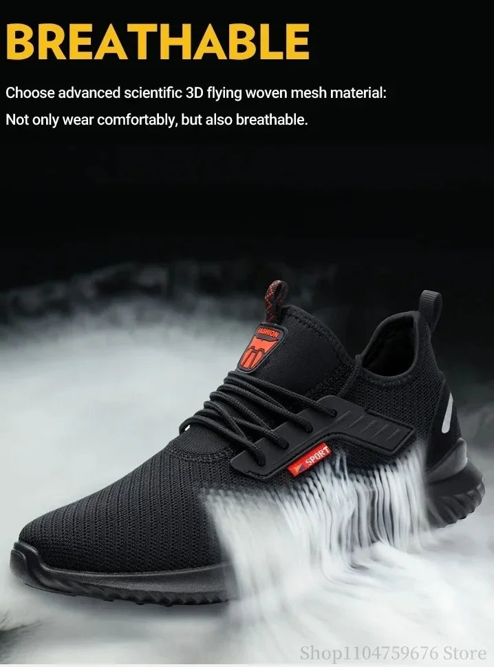 Braided safety shoes for men with steel toe protection, bump-proof, breathable, comfortable, lightweight, durable and safe.