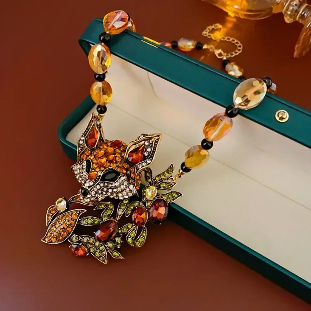 Luxury crystal cat necklace earrings exaggerated beaded rhinestones pendant accessories neck jewelry