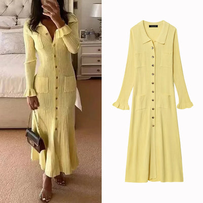 Women French Knitted Dress Autumn Women'S Clothing New Arrival Fashion Long Knit Skirt Elegance Single-Breasted Long-Sleeve Dres
