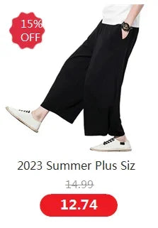 Wide leg Pants Men Streetwear Baggy Loose Pants M-8XL Plus size Ankle length Trousers cotton linen pants Black white khaki