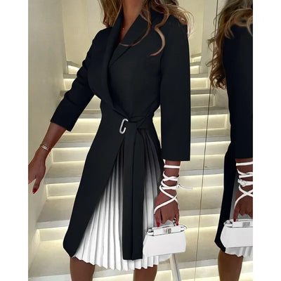 Elegant Women Blazer Dress Office Lady Autumn Winter Long Sleeve Lapel High Waist Corset Belt Folds Party Dress Y2K Chic Clothes