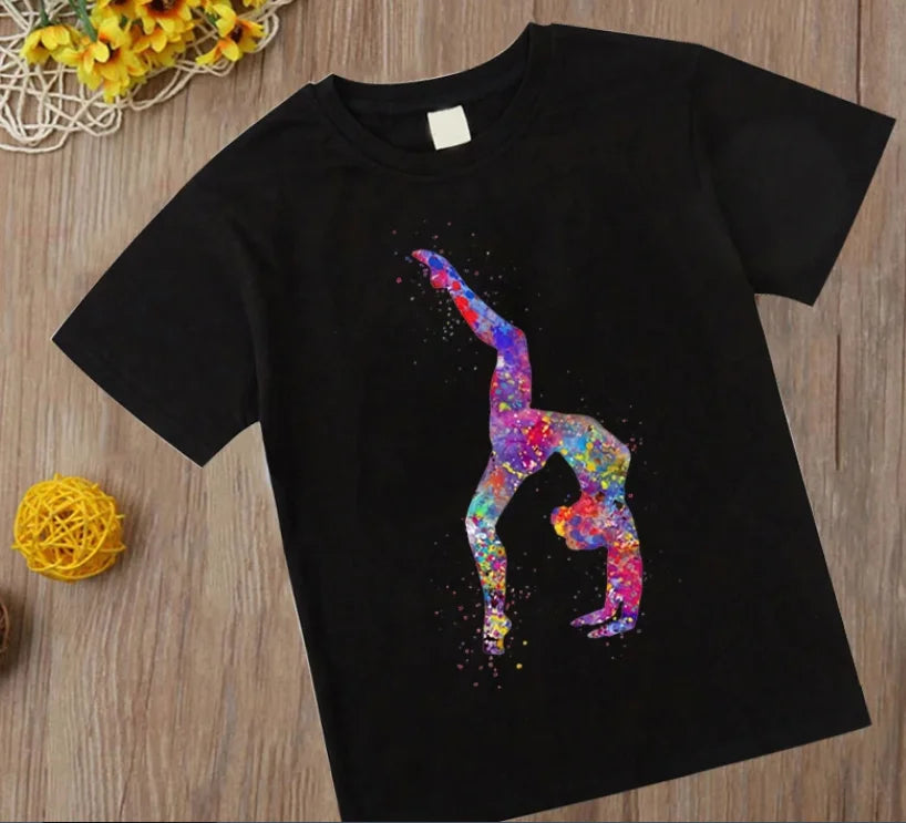 Watercolor Gymnastics Girl Printed Cute Children's T-shirt Children's Black T-shirt Exercise Enthusiast Birthday Gift