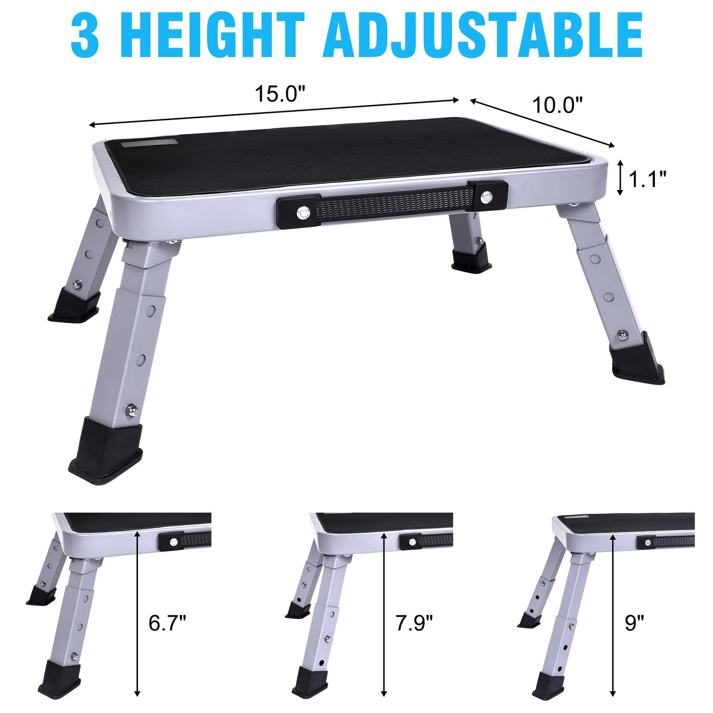 3-step adjustable folding step stool, foldable step stool, safer metal step stool for bedrooms, kitchens, offices, SUVs, etc. fo