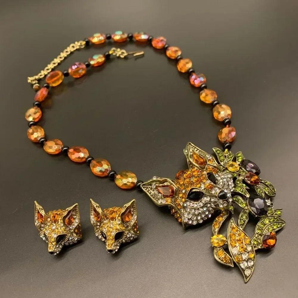 Luxury crystal cat necklace earrings beaded exaggerated rhinestones pendant accessories neck jewelry