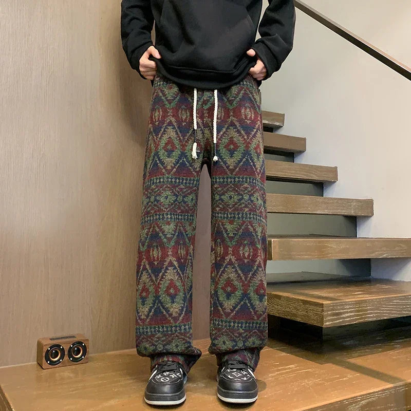Wide leg pants Men's Vintage Geometric Knitted jacquard pants Casual Straight  Pants Ethnic Tribal Style Winter Trousers man