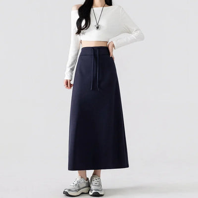 Simple Solid Color Long Skirts for Women Autmn Winter Chic Back Slit A-Line Midi Skirt Elegant Drawstring All Match Maxi Skirts