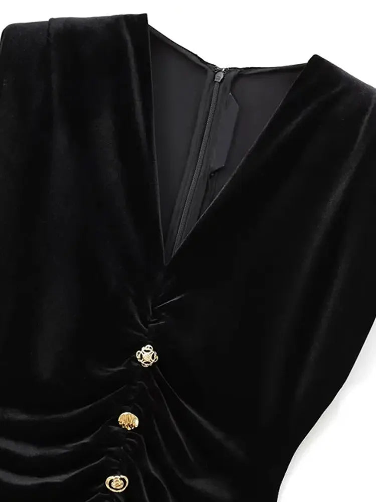 Women's Draped Velvet Midi Dress with Buttons, V Neck, Sleeveless, Female Dresses, Chic Fashion