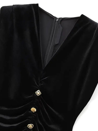 Women's Draped Velvet Midi Dress with Buttons, V Neck, Sleeveless, Female Dresses, Chic Fashion