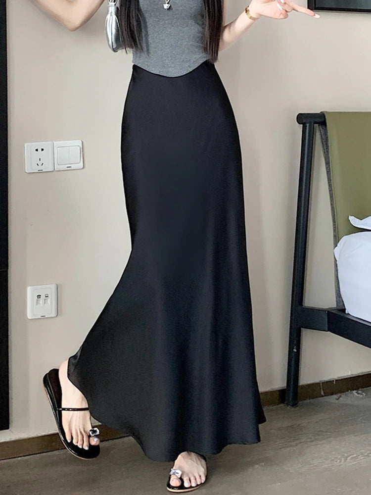 Elegant Satin Long Skirts Women Korean Fashion Clothes Elastic High Waist Black Skirt 2025 Streetwear Summer A Line Midi Skirt