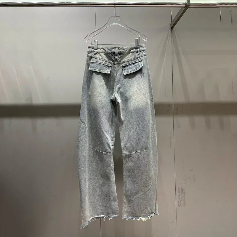 Women's Jeans, Double Waistband Washed Scimitar Work Pants, High Quality Cotton Wide Leg Pants, 2025, Spring, New, y2k