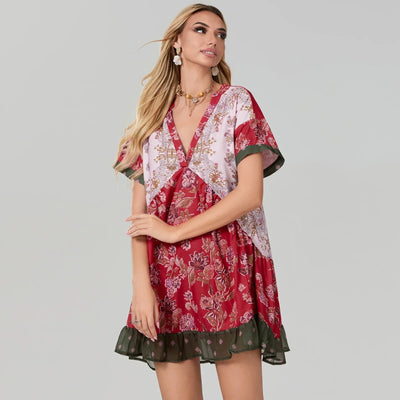Women Summer Babydoll Dress Bohemian Holiday Vintage Floral Print Short Sleeve Deep V-Neck Flowy Dress with Pockets