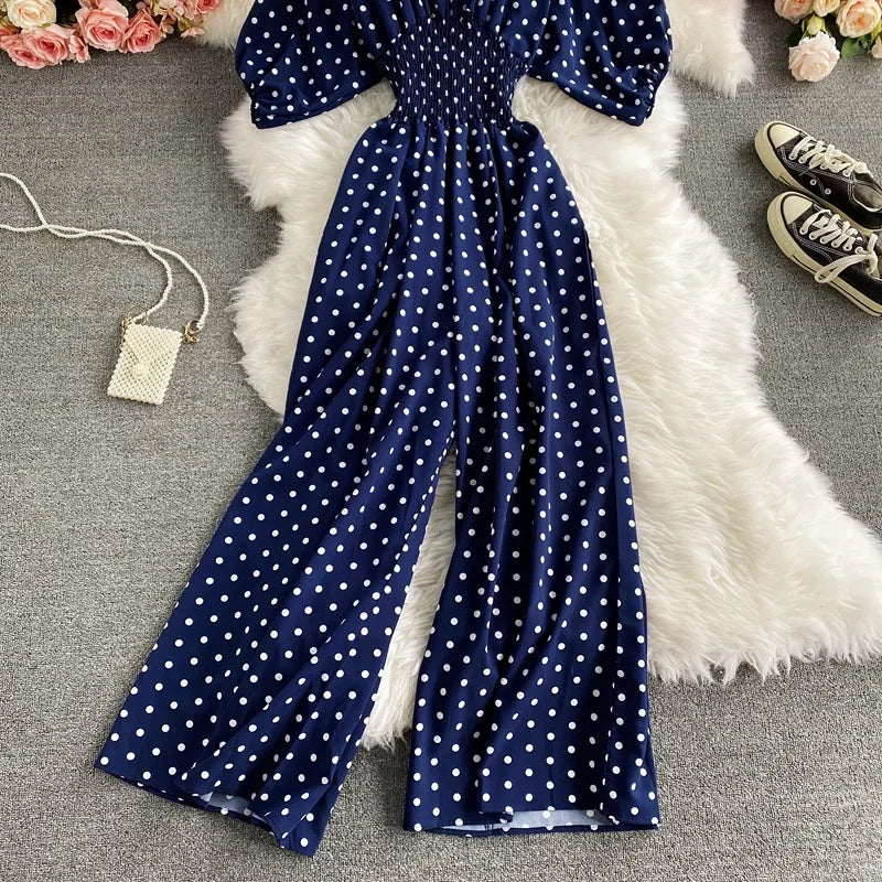 V Neck Sexy Dolman Sleeves Waist Slim Polka Dot Print Jumpsuit Women Wide Leg Trousers Jumpsuit