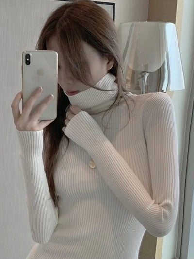 Elegant Turtleneck Knitted Women Dress Elastic Long Sleeve Above Knee vestidos mujer Basics Solid Slim-fit Dresses Female