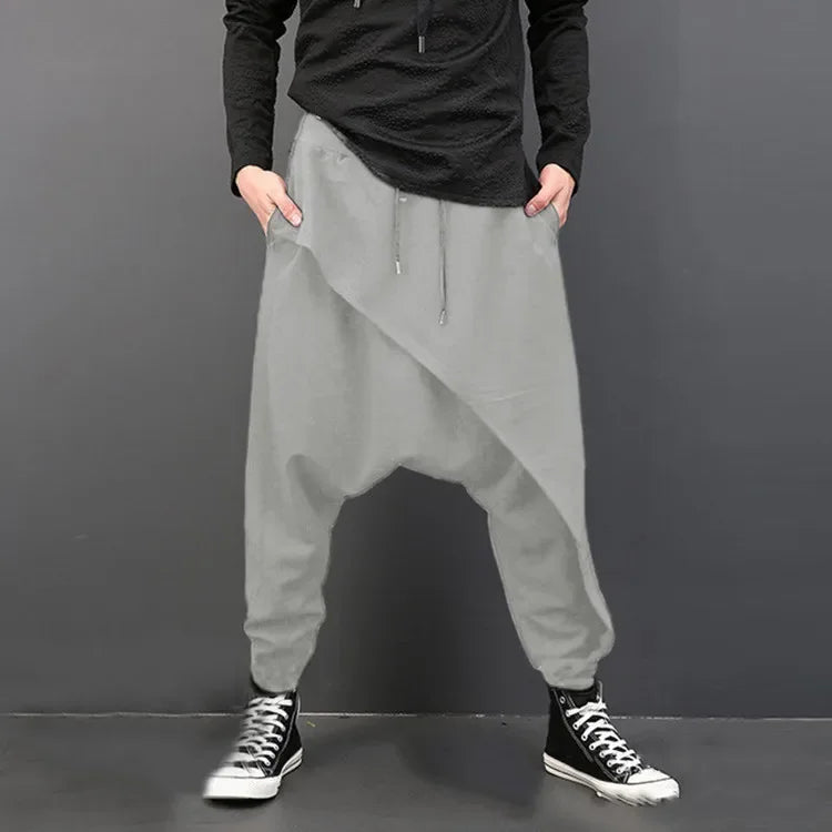2025 Men's Casual Trousers Irregular Loose Solid Drawstring Cross-pants Men Vintage Harem Pants Hip-hop Skateboard Fitness Pants