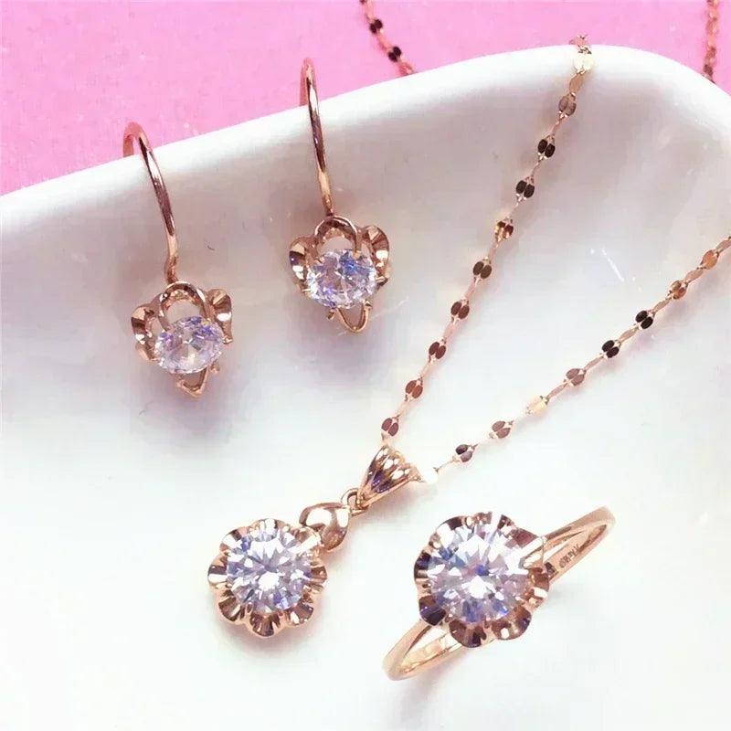 White shiny flower jewelry set plated rose gold earrings for women charms rings necklace elegant light luxury necklaces