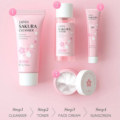 3/4Pcs/Set Sakura Skin Care With Cleanser Toner Eye Cream Facial Cream Sunscreen Beauty Products For Women Travel Skin Care Kit