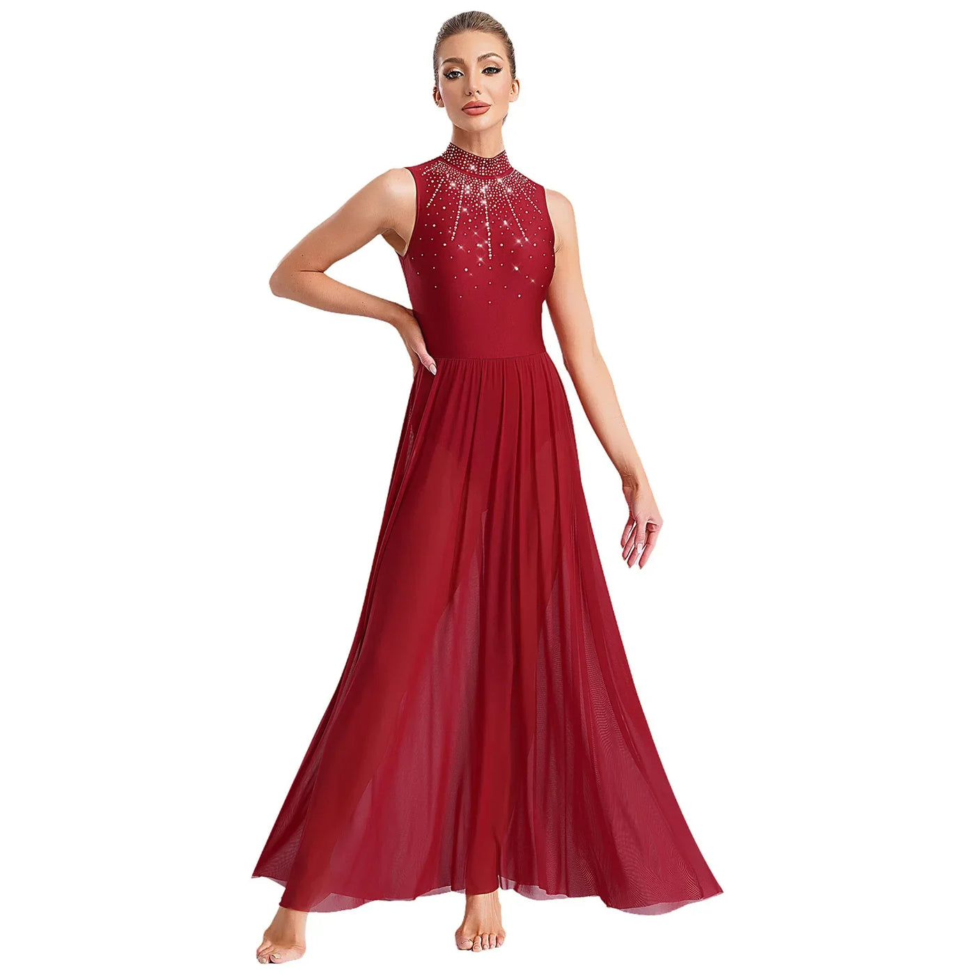Women Lyrical Contemporary Ballroom Modern Dance Costume Dancing Prom Gown Side Split Maxi Dress for Ballet Gymnastics Skating