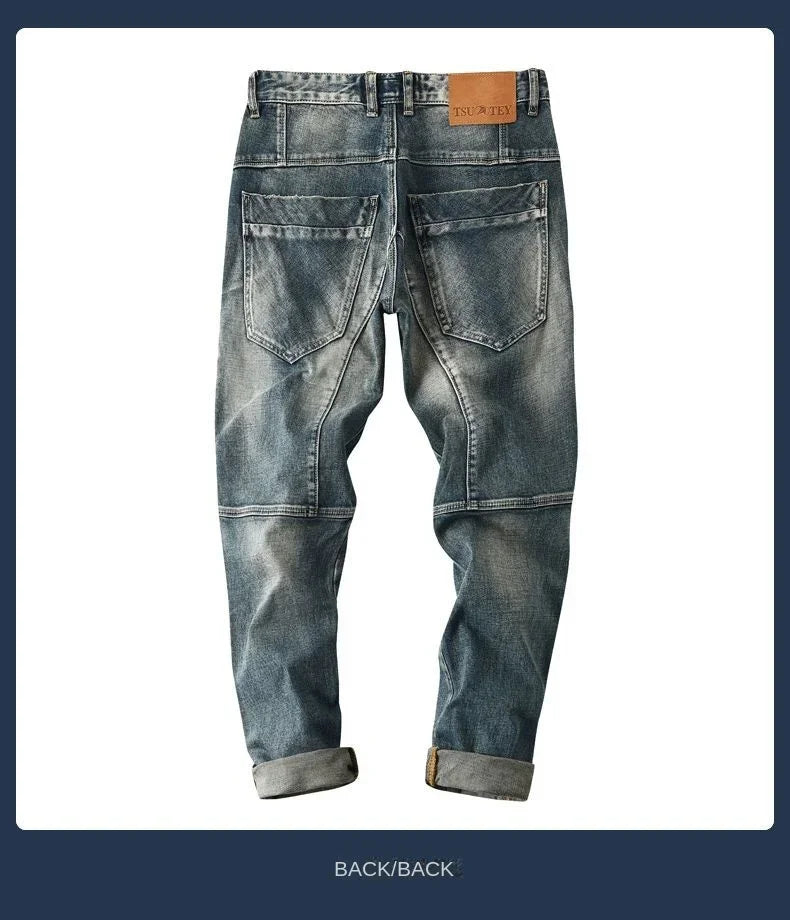 High-end 2022 Retro Motorcycle Jeans Men Spring Autumn Loose Zipper Designer Straight Pants Stitching Tooling Cargo Pants Men