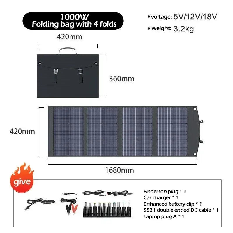 Flexible, Foldable, High Efficiency Solar Panel, Travel & Phone & Boat, Portable 12V 2000w 1500w 1000w 500w Solar Panel Kit
