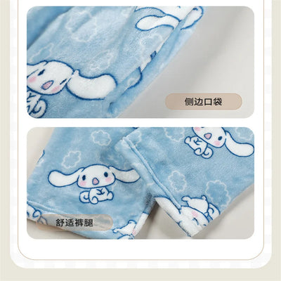 My Melody Flannel Pajamas Pants, Kuromi Loungewear, Loose, Comfortable, Warm, Thick Fleece Pant, Hello Kitty