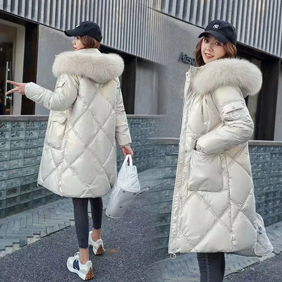 2025 Autumn Winter Hooded Fur Collar Long Parkas Mujer Thick Warm Down Cotton Padded Jacket Women Casual Hoodies Coat Female