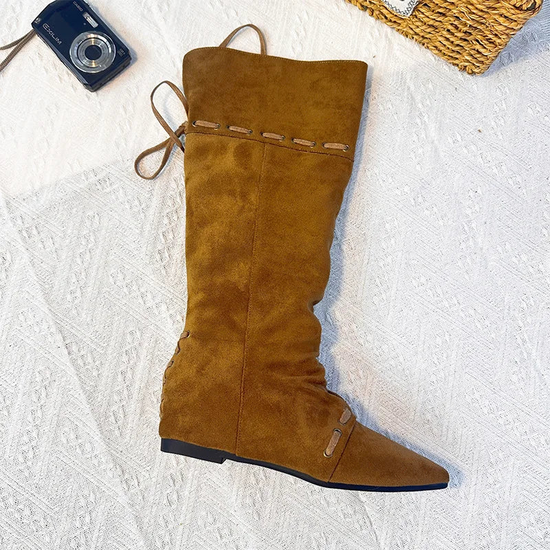 Women's Knee High Boots Suede Material Lace Up Back Pointed Toe Flat Heel Multiple Colors Autumn Winter Casual Daily Boots