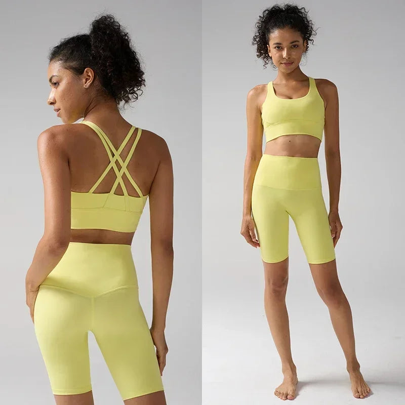 Women's 2 Piece Yoga Gym Sports Set Cross Back Bra Top & High Waist Shorts Fitness Running Workout Tracksuit👚