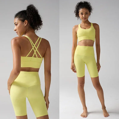 Women's 2 Piece Yoga Gym Sports Set Cross Back Bra Top & High Waist Shorts Fitness Running Workout Tracksuit👚