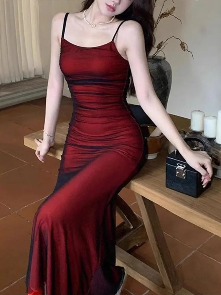 Summer Satin Sleeveless Slip Dress Women Fishtail Ruffle Elegant Fashion Ladies Dresses Slim High Waist Woman Long Dress