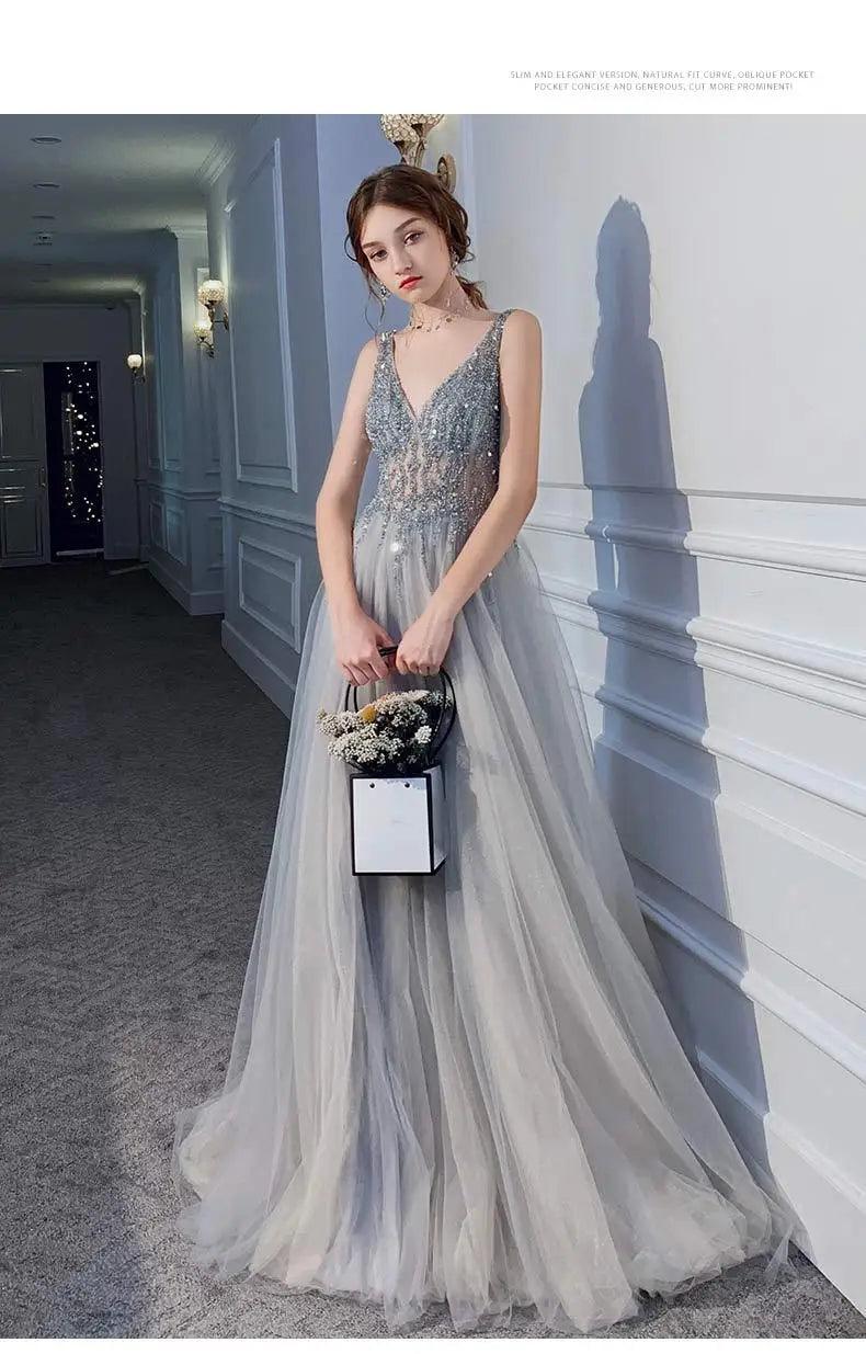 Women’s evening dresses sexy v-neck luxury formal party gown backless beads sequins tulle side split banquet dress