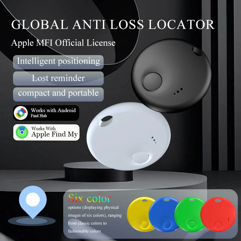 Compact white and black AirTag tracker for iOS and Android Find My app