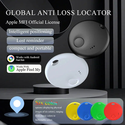 Compact white and black AirTag tracker for iOS and Android Find My app