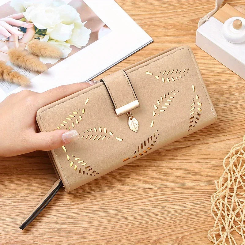 Elegant Women's Wallet With Hollowed-Out Leaf Design, Bifold Long Zippered Clutch, PU Leather Mobile Phone Bag Card Coin Purse