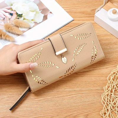 Elegant Women's Wallet With Hollowed-Out Leaf Design, Bifold Long Zippered Clutch, PU Leather Mobile Phone Bag Card Coin Purse