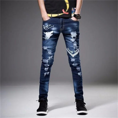 Men's Chinese Dragon Embroidery Jeans Fashion Kylin Embroidered Slim Pencil Pants Stretch Denim Trousers jeans for men pants
