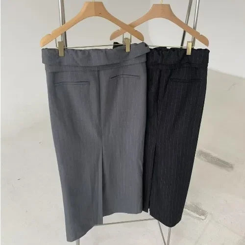 Slimming High Waist Striped f Skirt for Women Spring New Sle Turn up  Straight Long Skirt Faionable Design Sensation