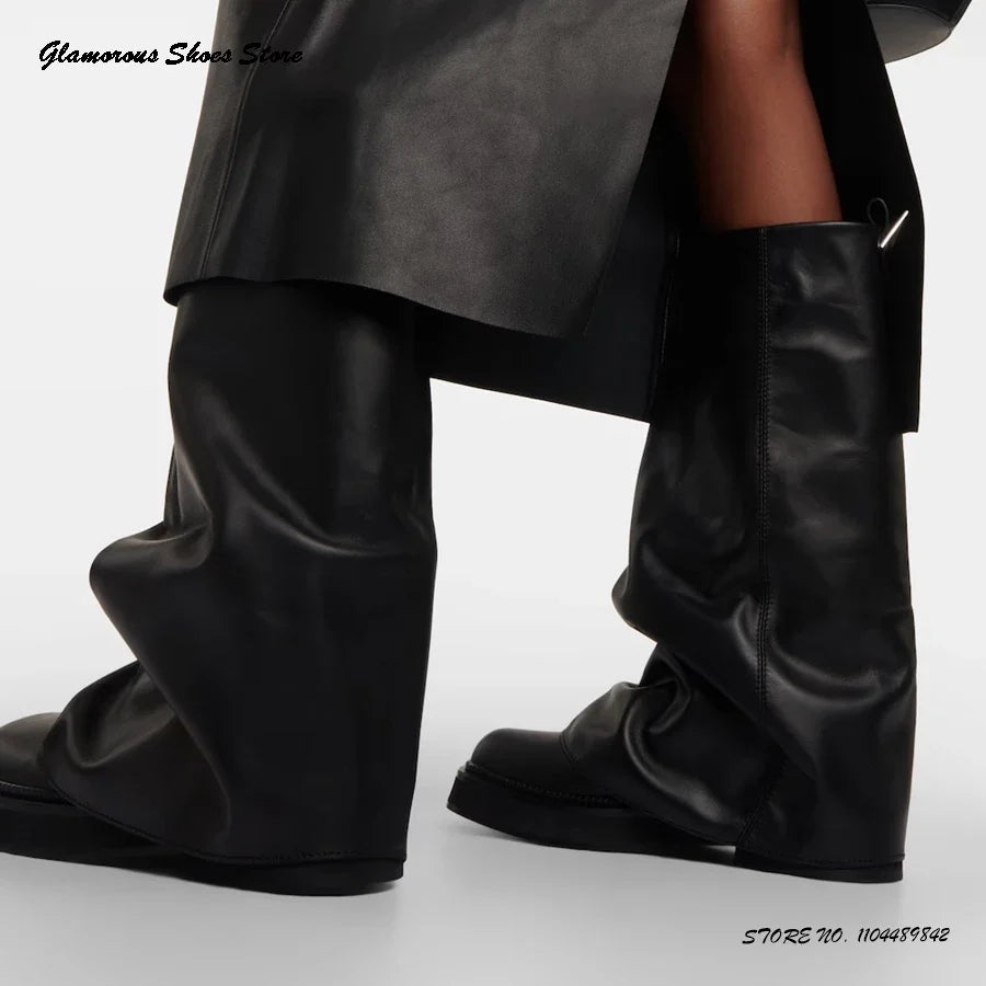 Pleated Suede Knee-high Boots Women's Spring Autumn Pull On Trending Shoes Round Toe Flat with Wide Shaft Runway Modern Boots