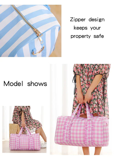 Nylon Duffel Bag Women Ruffle Duffle Gingham Weekend Sports Overnight Travel Vacation Gift Stripe Detachable Adjustable Strap