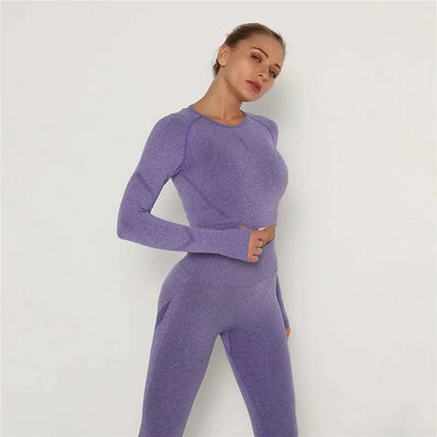 Woman Sports Yoga Top Knitted Shirt Seamless Athletic Crop Top  Long Sleeve