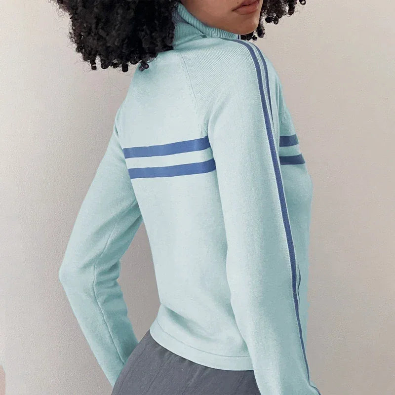 Women Workout Knitted Biker Jacket Vintage Striped Print Casual Long Sleeve Zip up Sweater for Outwear Cardigan Y2k Streetwear