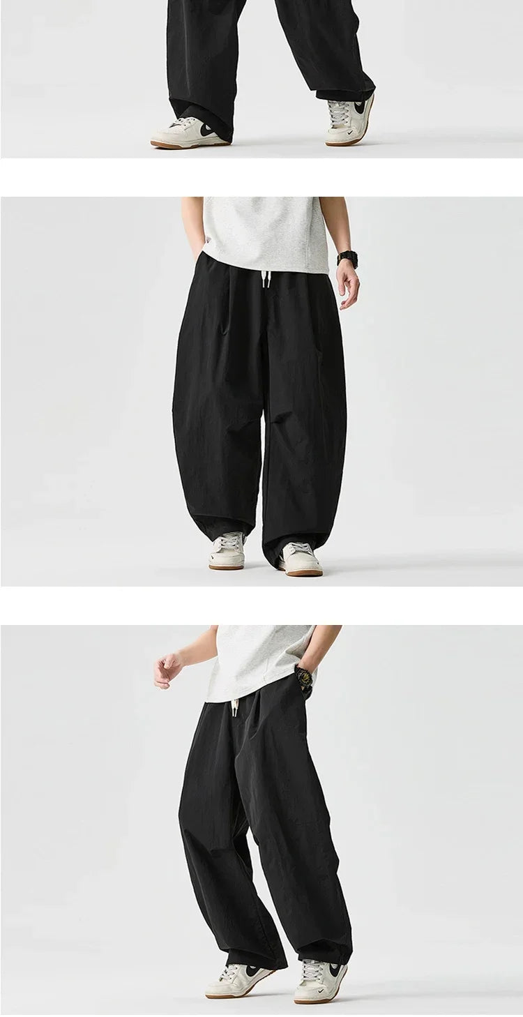 Wide leg Pants Men Harajuku Japanese Style Loose Casual Pants Men Solid Comfortable Elastic Waist Trouser Outdoor Walking Hiking