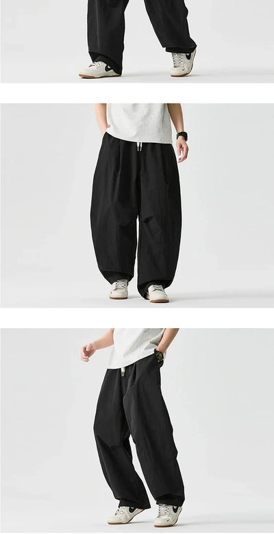 Wide leg Pants Men Harajuku Japanese Style Loose Casual Pants Men Solid Comfortable Elastic Waist Trouser Outdoor Walking Hiking