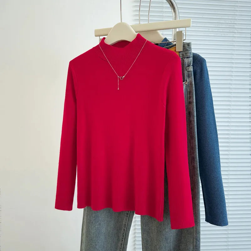 Sweaters Autumn Women Mock Neck Ruffles Sweater Long Sleeve Knitted Bottoming Solid Pullovers Jumpers Casual Sweater Winter