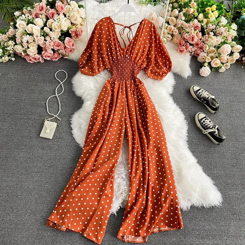 V Neck Sexy Dolman Sleeves Waist Slim Polka Dot Print Jumpsuit Women Wide Leg Trousers Jumpsuit