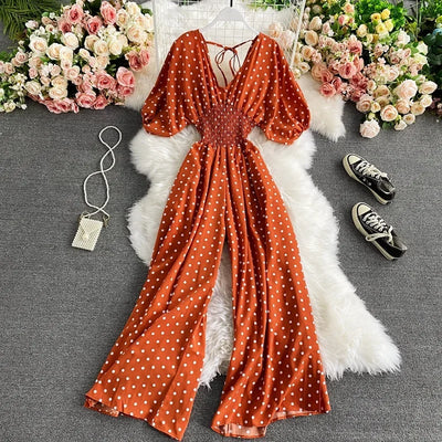 V Neck Sexy Dolman Sleeves Waist Slim Polka Dot Print Jumpsuit Women Wide Leg Trousers Jumpsuit